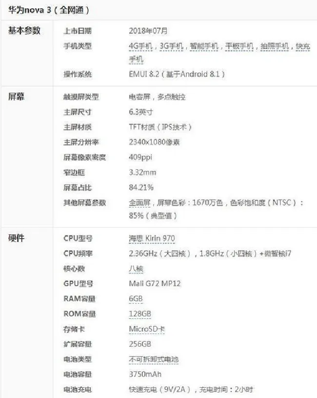 华为nova3参数配置信息