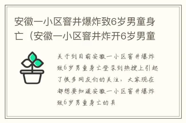 安徽一小区窨井爆炸致6岁男童身亡（安徽一小区窨井炸开6岁男童被炸身亡）